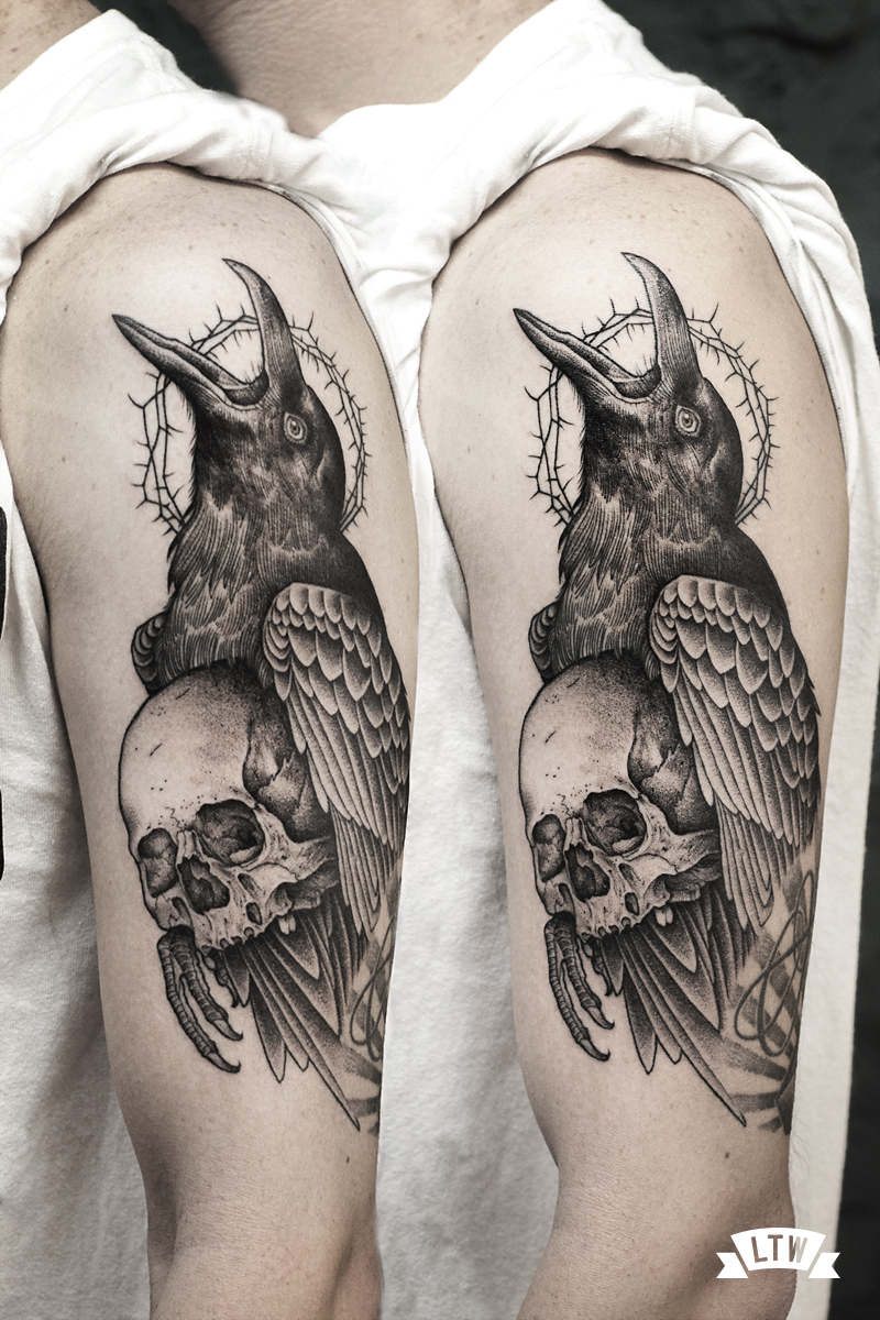 Crow tattooed by Andreu Matallana in black and grey