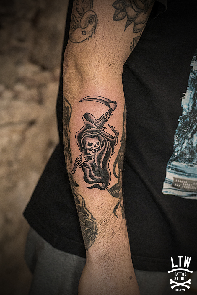 Reaper tattooed by Alexis in black and grey