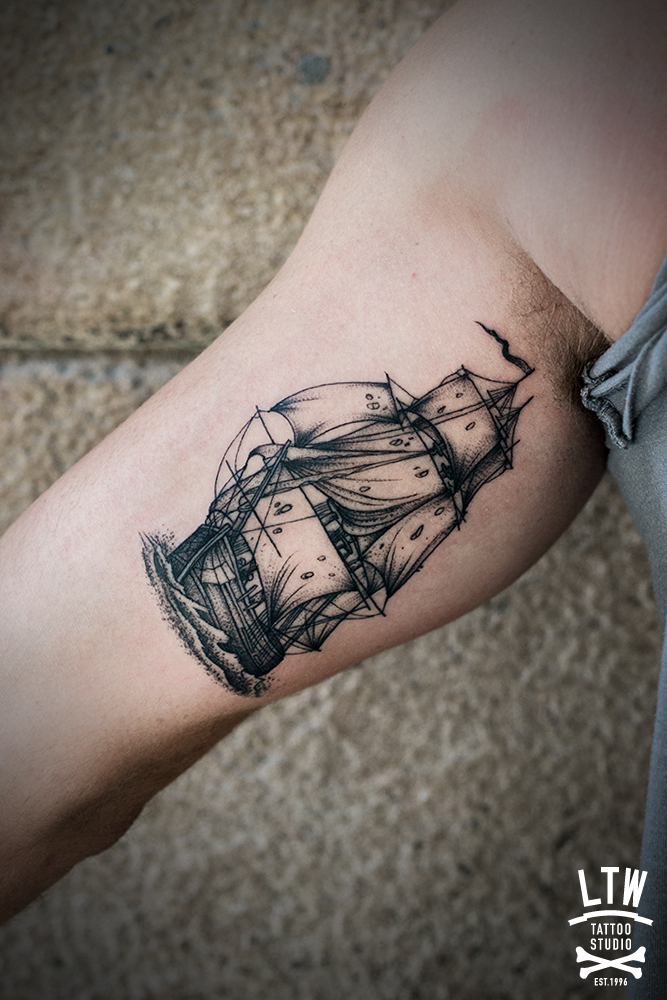 black and grey Ship tattoo by Andreu Matallana