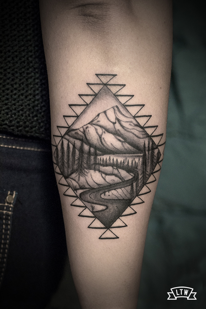 Black and grey landscape tattooed by Dani Cobra