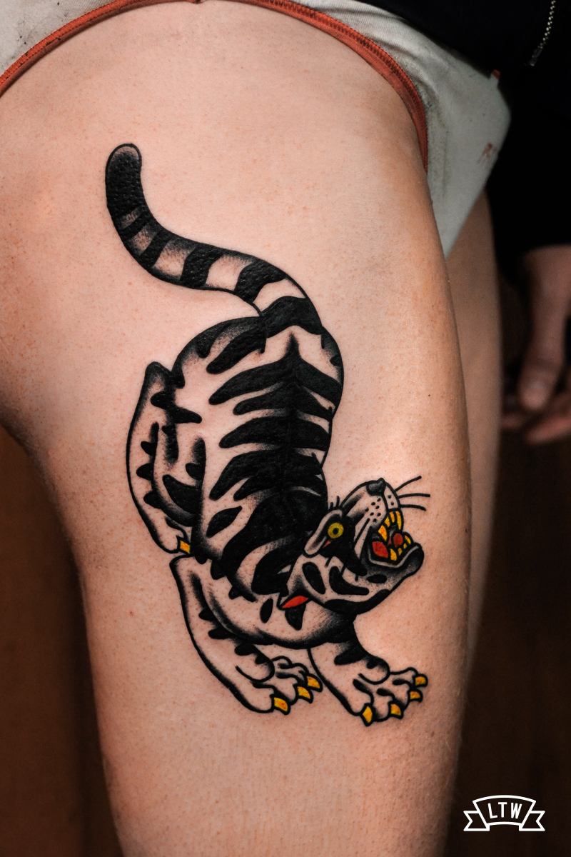 Tigre albí del Javier Rodríguez tatuat en estil tradicional