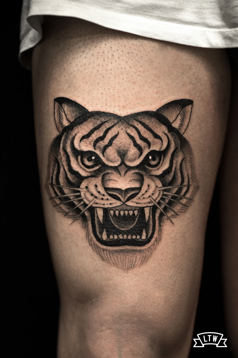 Cara de tigre tatuada en grisos per l'Alexis