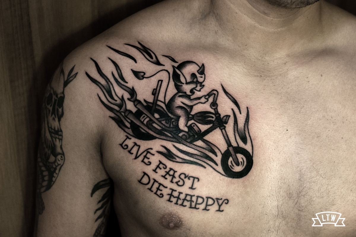 Hot Stuff and lettering tattooed by Dennis