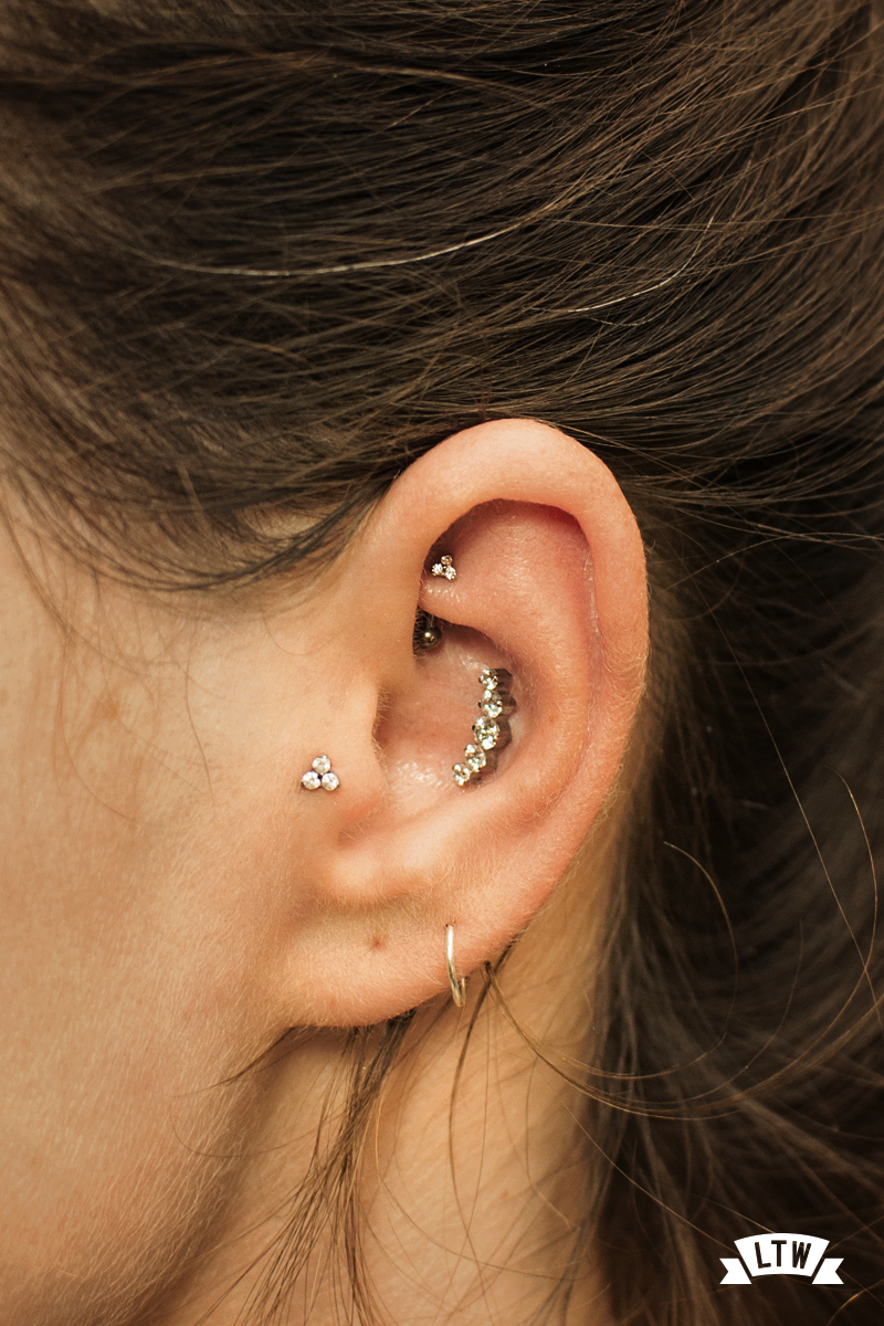 Rook, conch and tragus done by Sergi Tinaut with jewelry from Industrial Strenght