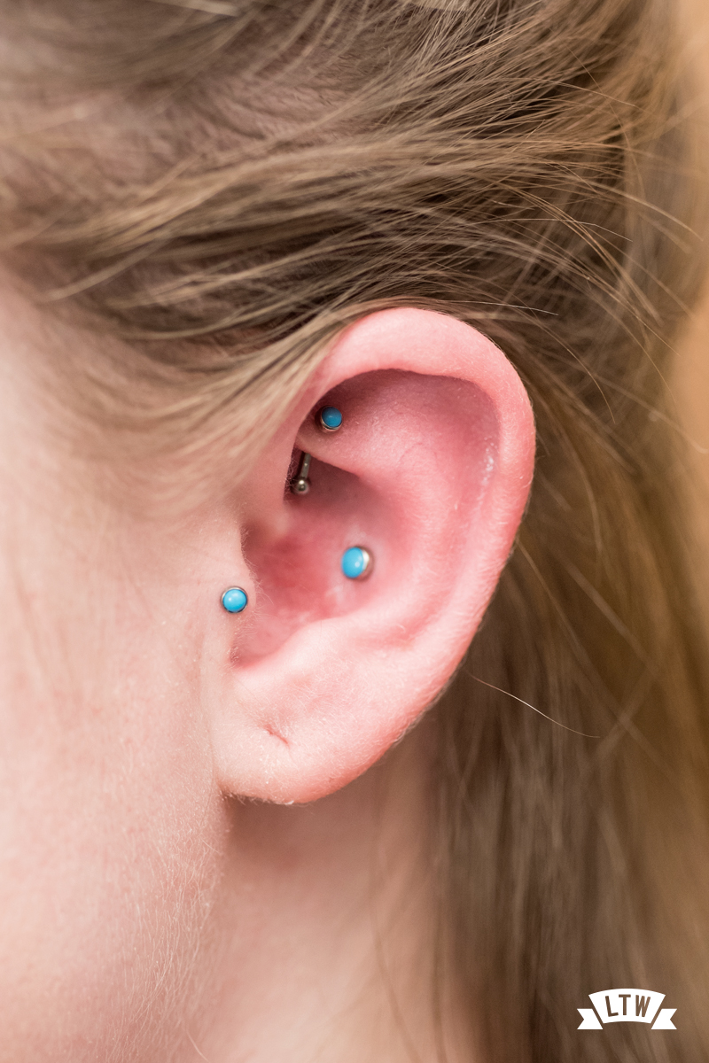 Tragus, conch and rook with turquoise done by Sergi Tinaut