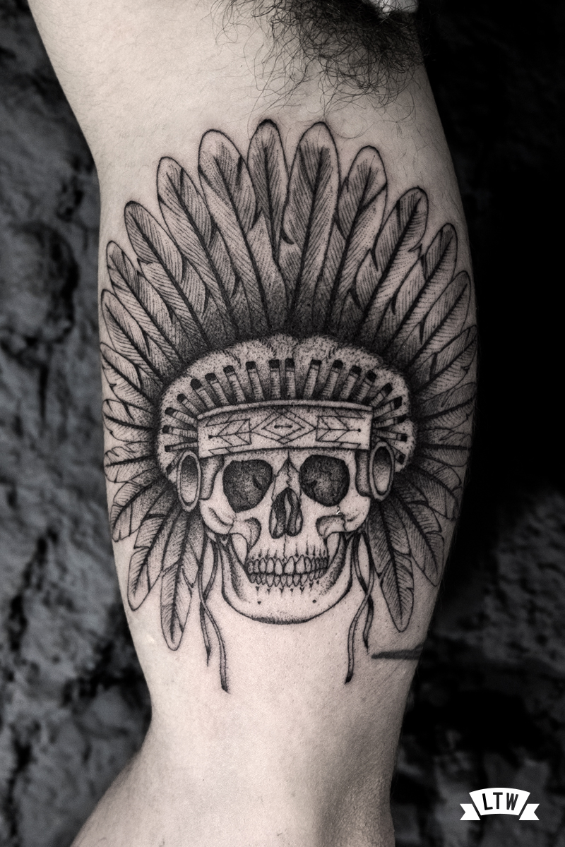 Indian skull tattooed by Dani Cobra