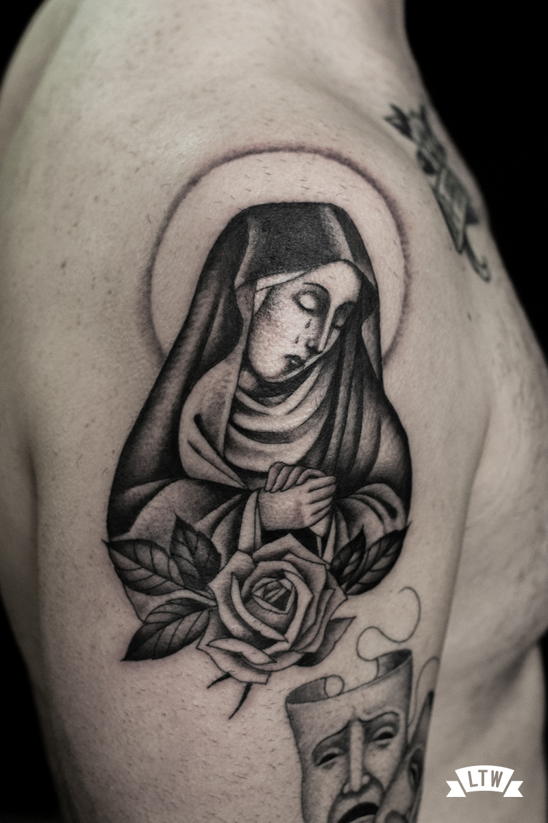 Virgin tattooed by Alexis in black and grey