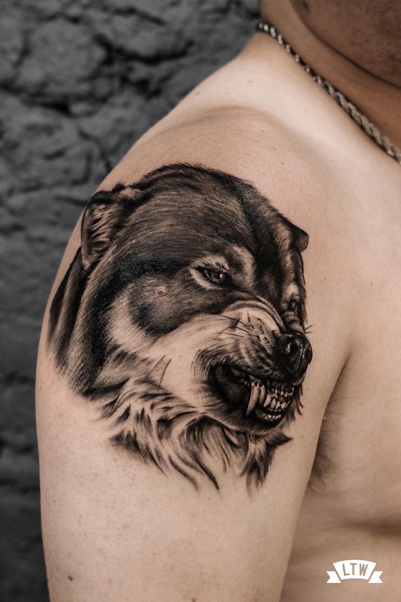 Wolf head tattooed by Andrés