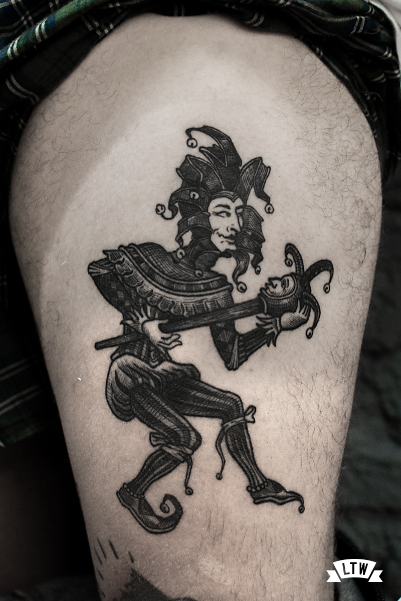 Jester on a thigh done by Andrés