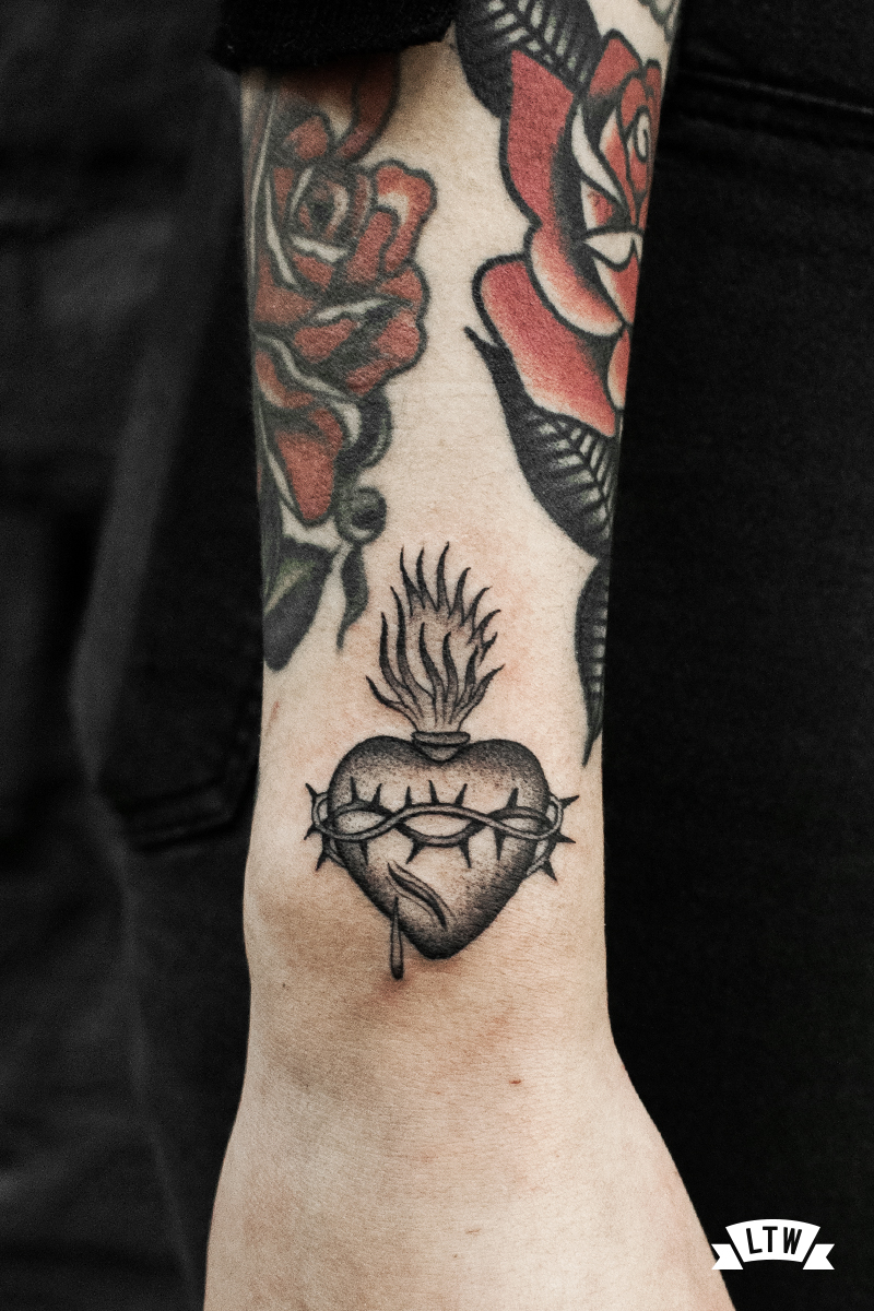 Sacred Heart in black and white tattooed by Cobra