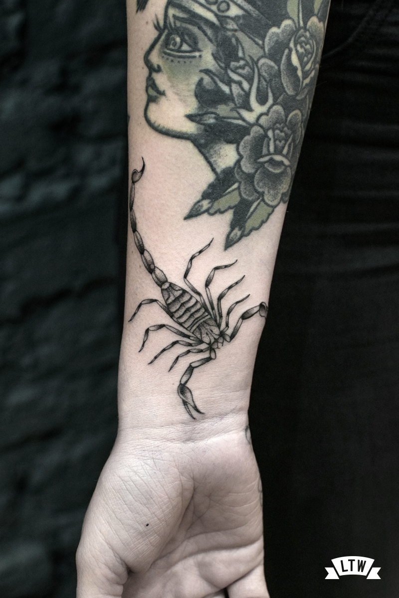 Scorpion tattooed in black and white by Dani Cobra