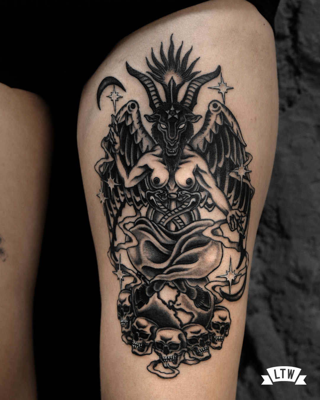 Black and white baphomet tattooed by Enol
