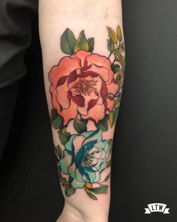 Flowers tattooed in color by Jon Pall