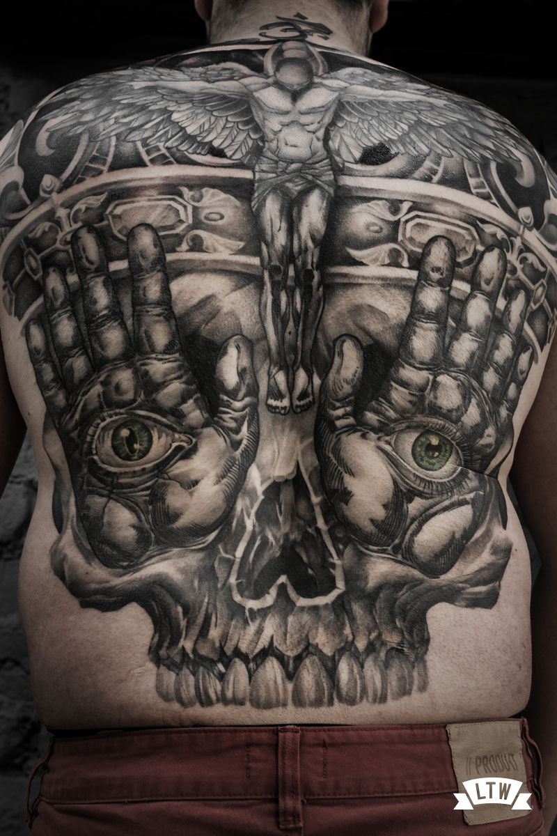 Backpiece Skull tattooed by Jon Pall