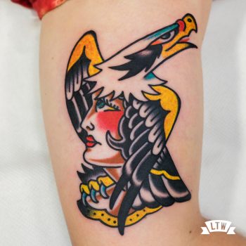 Eagle and girl tattooed by Javier Rodríguez