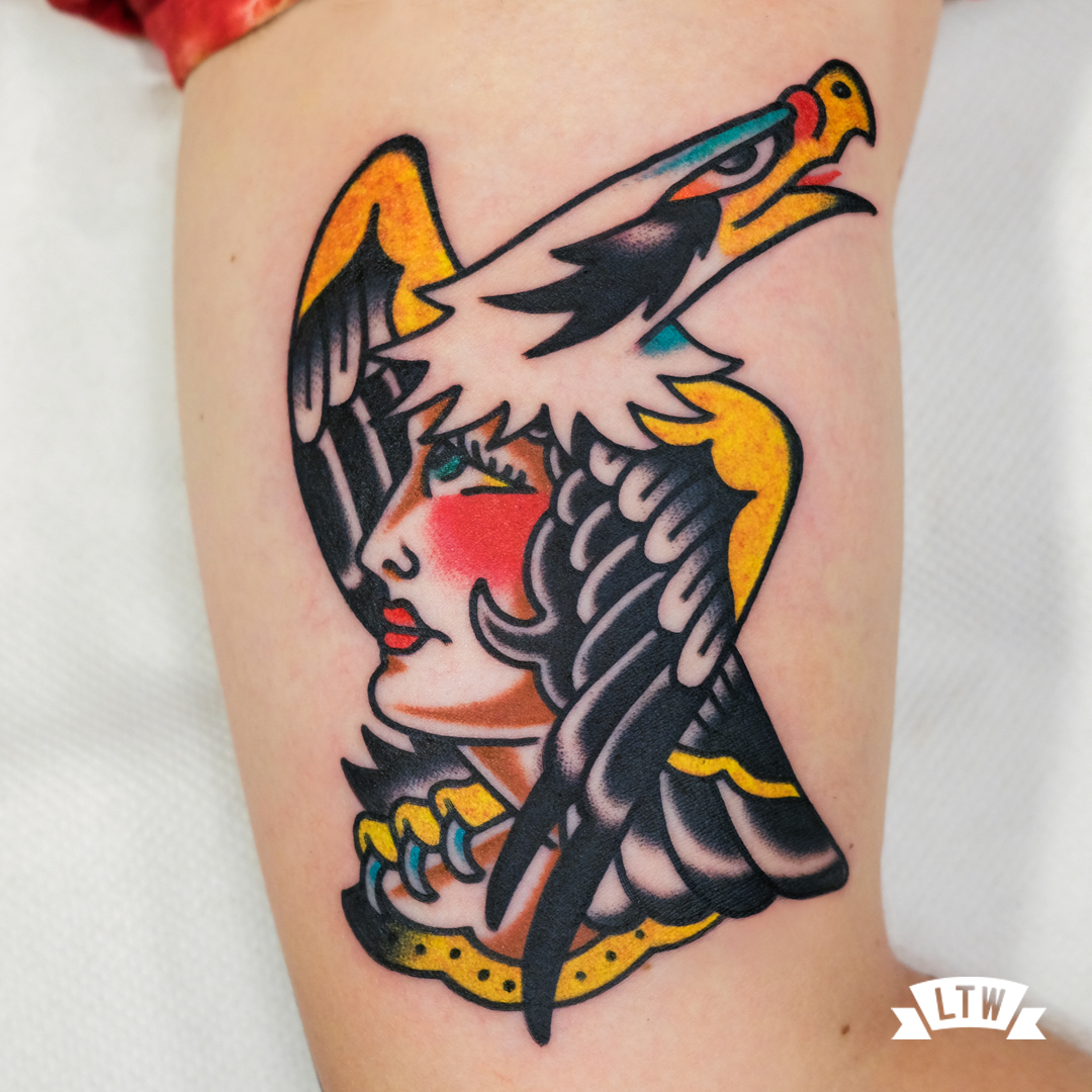 Eagle and girl tattooed by Javier Rodríguez