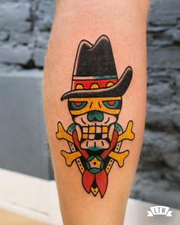 Cowboy skull tattooed by Javier Rodríguez